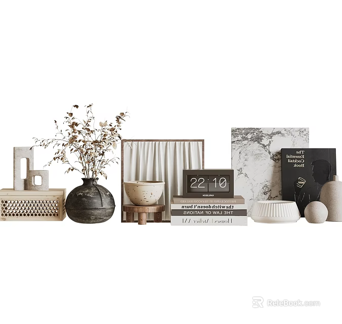 Minimalist Modern Decorative Accessories Set With Ceramic Vase Dried Flowers Wooden Frame And Books 3d model 