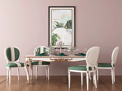 Elegant Dining Table Set With White Frame Green Upholstered Chairs Pink Wall Abstract Painting 3d model