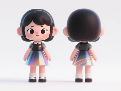 Cartoon Girl Character with Black Hair Iridescent Dress and Black Shoes Front Back View 3d model