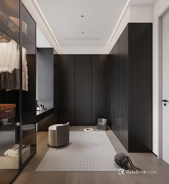 Modern Walk-in Closet Interior With Dark Wood Cabinets Glass Doors Seating Bench And Storage Rug 3d model 