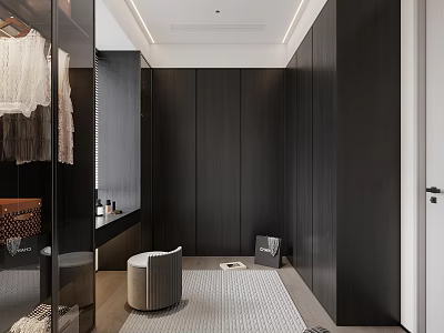 Modern Walk-in Closet Interior With Dark Wood Cabinets Glass Doors Seating Bench And Storage Rug 3d model