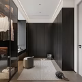 Modern Walk-in Closet Interior With Dark Wood Cabinets Glass Doors Seating Bench And Storage Rug