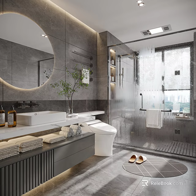 Modern Bathroom Interior With Round Mirror White Vanity Glass Shower And Gray Tiles 3d model 