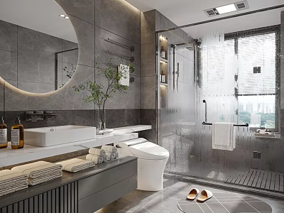 Modern Bathroom Interior With Round Mirror White Vanity Glass Shower And Gray Tiles 3d model
