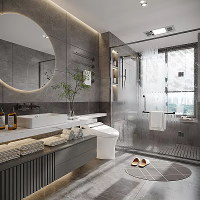Modern Bathroom Interior With Round Mirror White Vanity Glass Shower And Gray Tiles 3d model