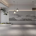 Modern Interior With Chinese Ink Landscape Accent Wall And Pendant Lights