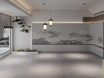 Modern Interior With Chinese Ink Landscape Accent Wall And Pendant Lights 3d model