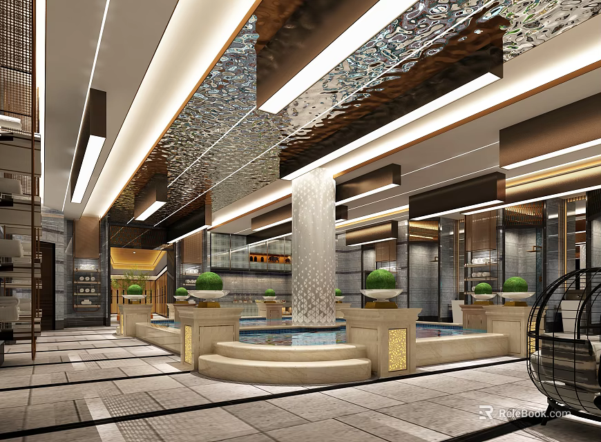 Luxurious SPA Sauna Interior Design With Marble Fountains And Green Plants 3d model 