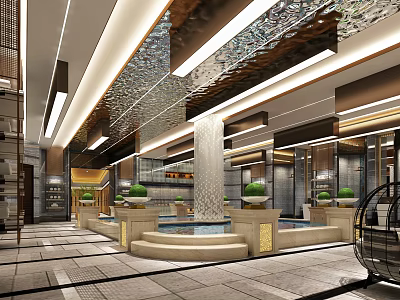 Luxurious SPA Sauna Interior Design With Marble Fountains And Green Plants 3d model