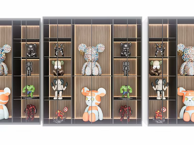 Modern Display Cabinet With Open Grid Shelves And Various Decorative Figurines 3d model