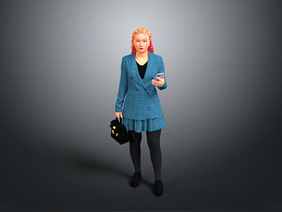 Pink Haired Woman In Blue Plaid Blazer Short Skirt Holding Black Handbag Mobile Phone 3d model