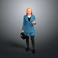 Pink Haired Woman In Blue Plaid Blazer Short Skirt Holding Black Handbag Mobile Phone