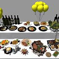Assorted Delicious Food Buffet with Yellow Balloons Wine Bottles Steak Crab Pizza and Fruit Platter