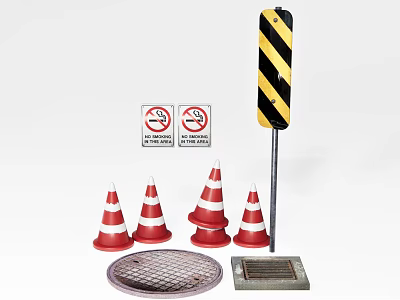 Road Safety Facilities With Traffic Cones No Parking Signs Warning Post Manhole Cover Drainage Grate 3d model