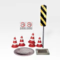 Road Safety Facilities With Traffic Cones No Parking Signs Warning Post Manhole Cover Drainage Grate