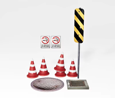 Road Safety Facilities With Traffic Cones No Parking Signs Warning Post Manhole Cover Drainage Grate 3d model