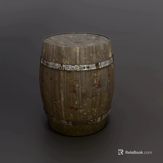 Vintage Wooden Barrel With Rustic Metal Hoops And Worn Red Marks 3d model 