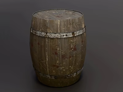Vintage Wooden Barrel With Rustic Metal Hoops And Worn Red Marks 3d model