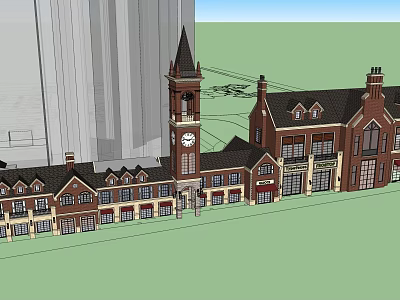 Traditional Red Brick Commercial Complex Featuring Clock Tower And Multi Story Storefront Architecture 3d model
