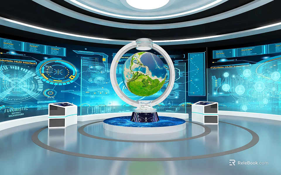 Futuristic Tech Environment With Digital Globe Data Screens Charts And Circular Platform 3d model