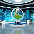 Futuristic Tech Environment With Digital Globe Data Screens Charts And Circular Platform 3d model