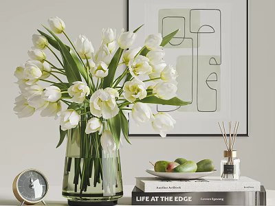 Decorative Ornament Set With White Tulips Green Vase Clock Books Fruit Plate Aroma Diffuser Geometric Wall Art 3d model