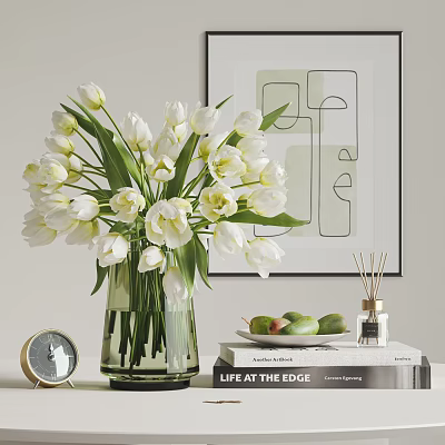 Decorative Ornament Set With White Tulips Green Vase Clock Books Fruit Plate Aroma Diffuser Geometric Wall Art 3d model