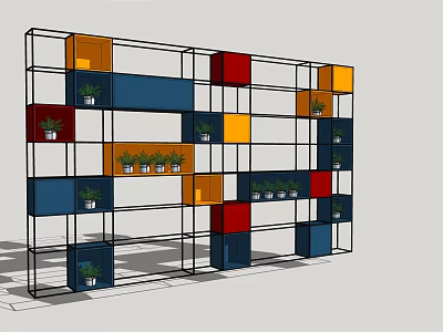 Multicolor Metal Frame Storage Shelf With Decorative Cubes And Potted Plants 3d model