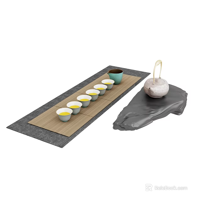 Elegant Tea Set With Wooden Tray Six Ceramic Cups And Teapot On Gray Mat 3d model 
