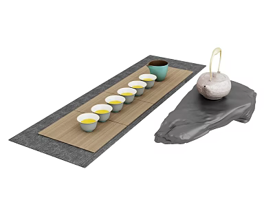 Elegant Tea Set With Wooden Tray Six Ceramic Cups And Teapot On Gray Mat 3d model