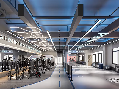 Modern Gym Interior With Spacious Fitness Area And Various Workout Equipment 3d model