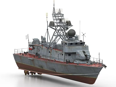 Gray Warship With Red Bottom Superstructure Radar Antennas And Deck Equipment 3d model