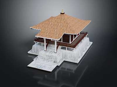 Traditional Pavilion 3D Model With Brown Tiled Roof White Base And Stone Steps 3d model