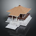 Traditional Pavilion 3D Model With Brown Tiled Roof White Base And Stone Steps