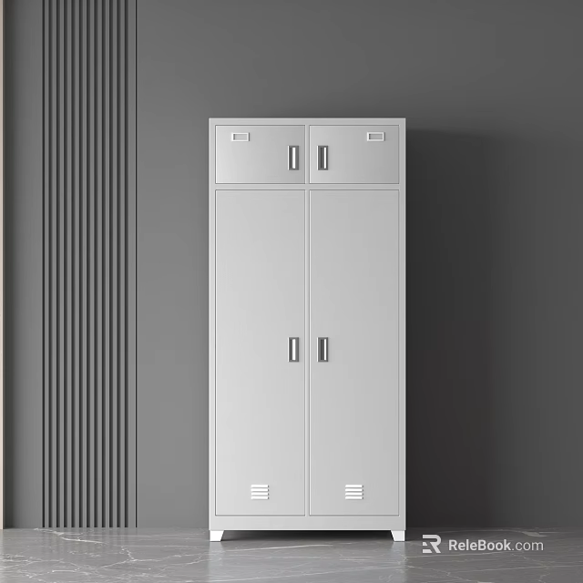 White Metal Storage Cabinet With Upper And Lower Double Doors On Gray Background 3d model