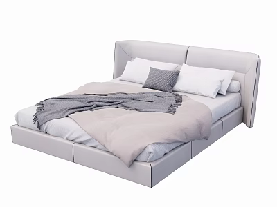 Modern Double Bed With Upholstered Headboard White Gray Pillows Pink Comforter And Gray Throw Blanket 3d model