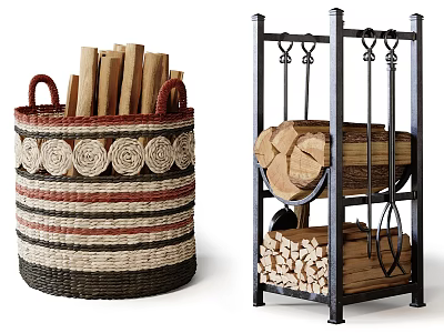 Rustic Stone Wood Storage Featuring Woven Basket And Metal Stand With Firewood Logs 3d model
