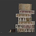 Stacked Wooden Crates With Open Containers And Round Mat