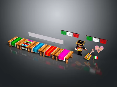 Vibrant Mexican Style Dining Chairs With Colorful Striped Seats And Decorative Flags 3d model