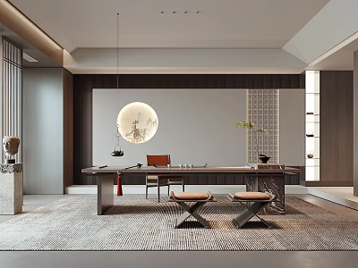 Modern Chinese Style Tea Room Interior With Round Lamp Long Table And Green Plant Rug 3d model