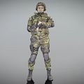 A Man in Military Camouflage Uniform Wearing Helmet With Full Body Gear Against Gray Background