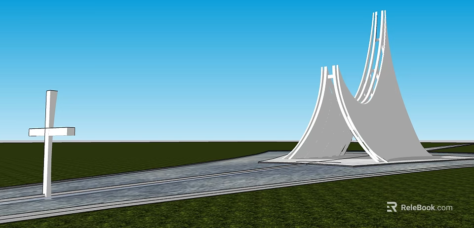 Modern Curved Pergola Design With White Structure Stone Pathway And Green Grass Under Blue Sky 3d model 