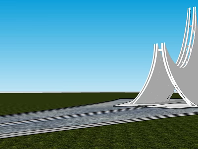 Modern Curved Pergola Design With White Structure Stone Pathway And Green Grass Under Blue Sky 3d model