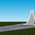 Modern Curved Pergola Design With White Structure Stone Pathway And Green Grass Under Blue Sky