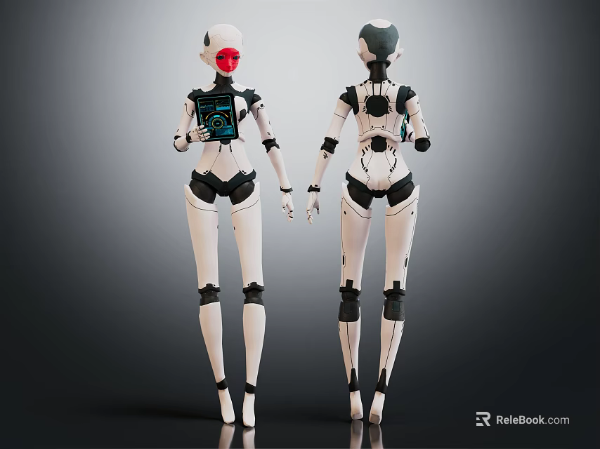 Two Humanoid Robots Front Back View With White Black Mechanical Design And Red Eye Interface 3d model