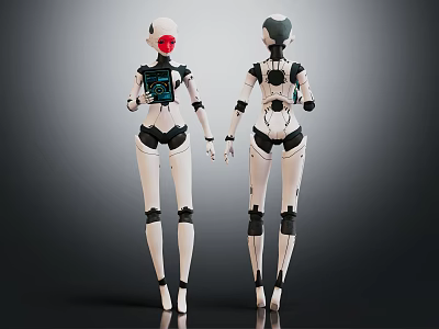 Two Humanoid Robots Front Back View With White Black Mechanical Design And Red Eye Interface 3d model