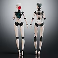 Two Humanoid Robots Front Back View With White Black Mechanical Design And Red Eye Interface 3d model