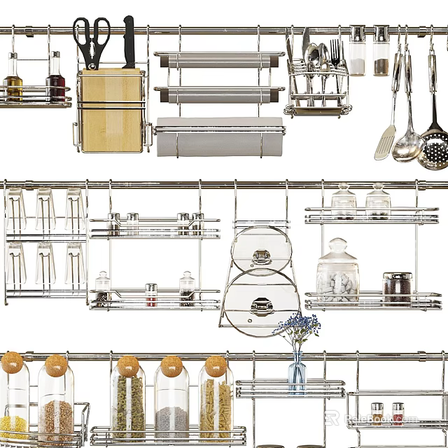 Kitchen Utensils Storage Racks With Spoons Knives Glass Jars And Supplies 3d model 