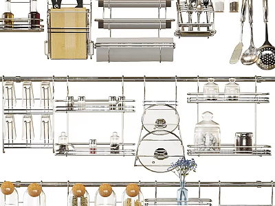 Kitchen Utensils Storage Racks With Spoons Knives Glass Jars And Supplies 3d model
