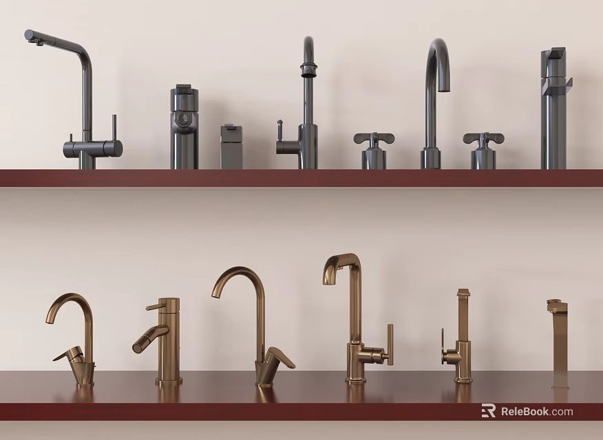 Assorted Styles of Black and Gold Faucets Displayed on Two Wooden Shelves 3d model 